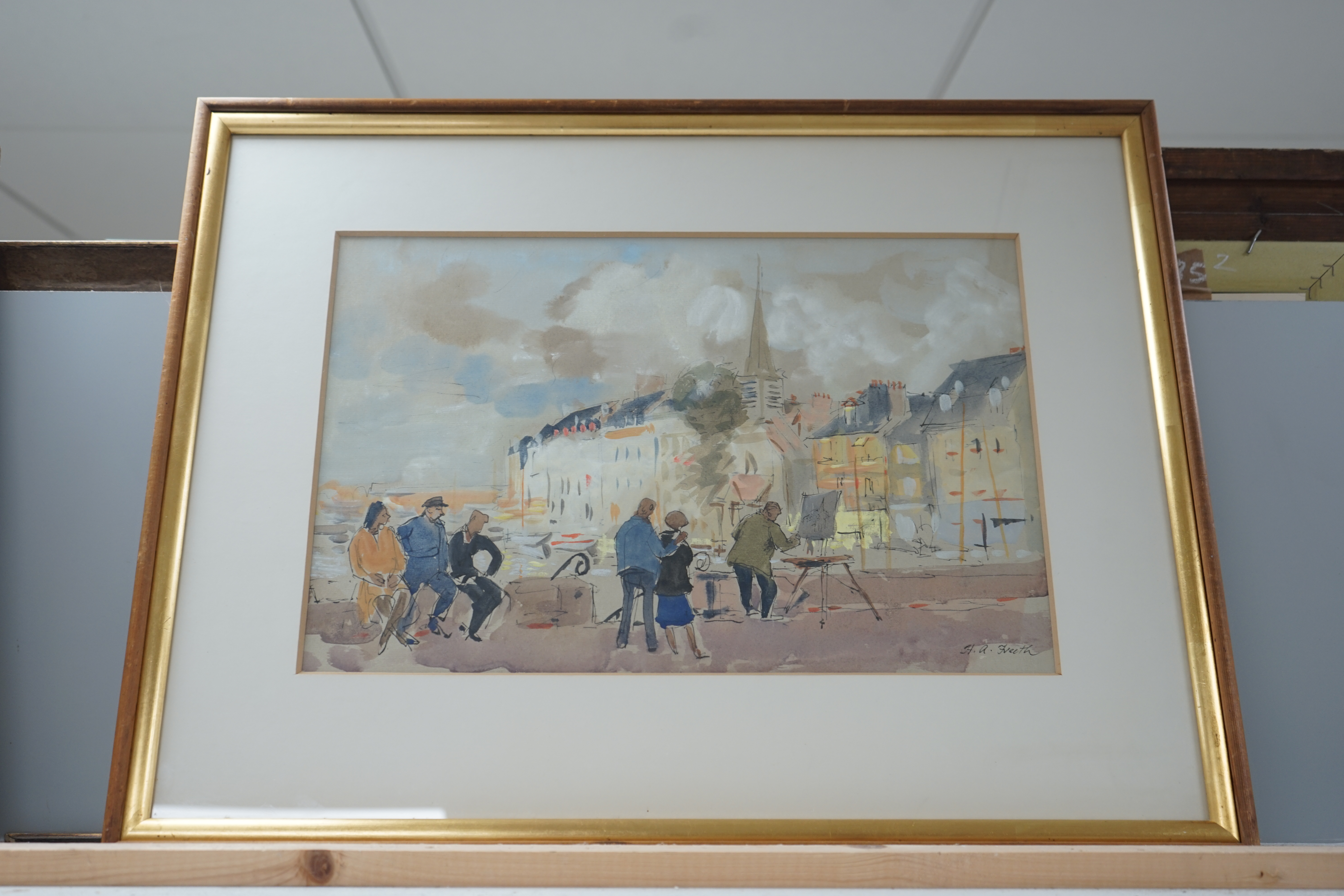 Hubert Andrew Freeth RA (1912-1986), ink & watercolour, ‘Artist at Honfleur’, signed, 27 x 41cm. Condition - fair